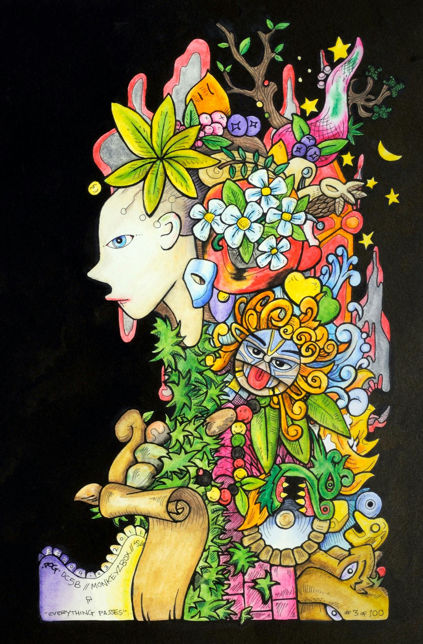 Artwork background with colourful flowers, hearts and faces on a black background